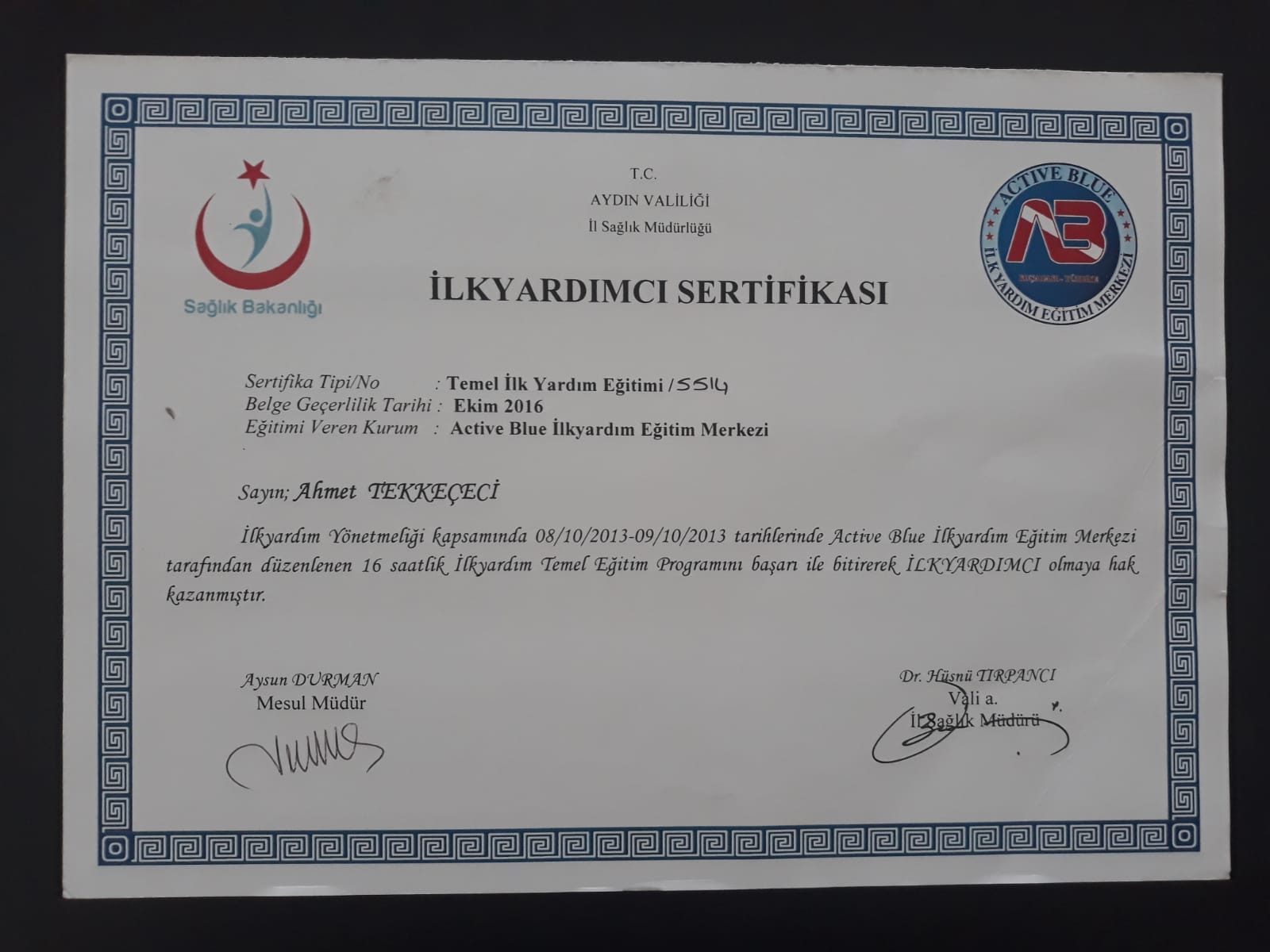 İLK YARDIM SERTİFİKASI