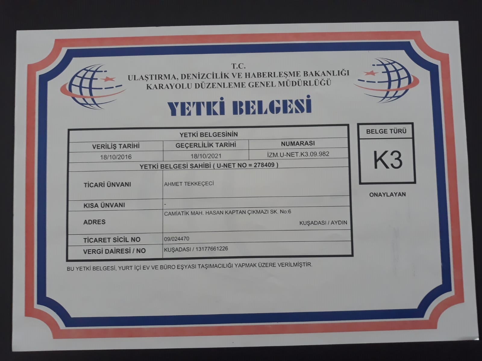 YETKİ BELGESİ K3